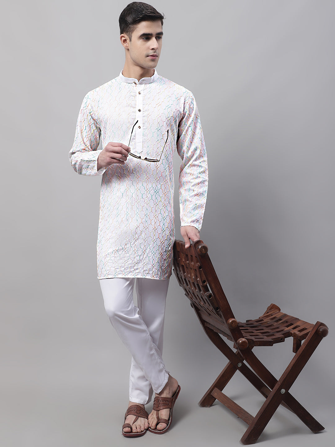 Jompers Men's White and Multi Coloured Embroidered Straight Kurta Pyjama Set