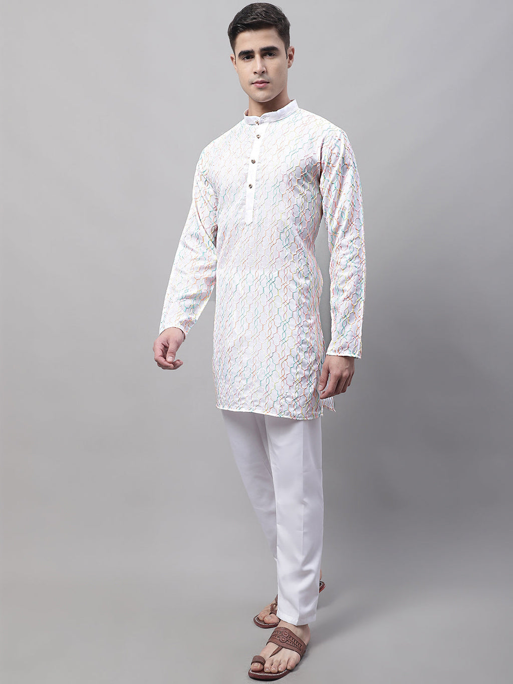 Jompers Men's White and Multi Coloured Embroidered Straight Kurta Pyjama Set