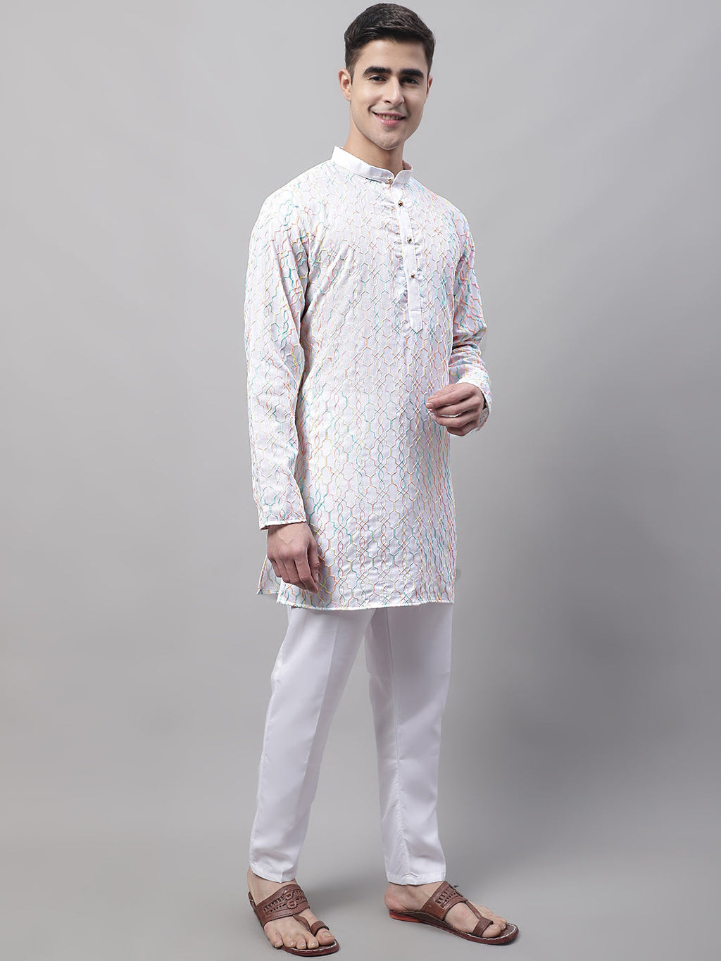 Jompers Men's White and Multi Coloured Embroidered Straight Kurta Pyjama Set