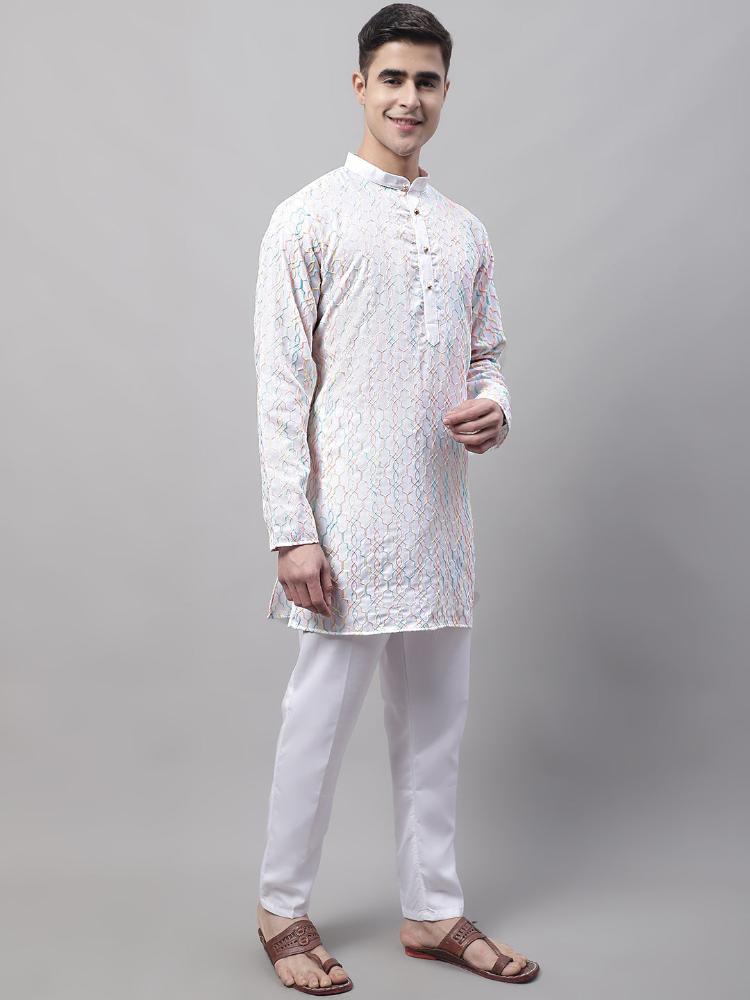 Jompers Men's White and Multi Coloured Embroidered Straight Kurta Pyjama Set
