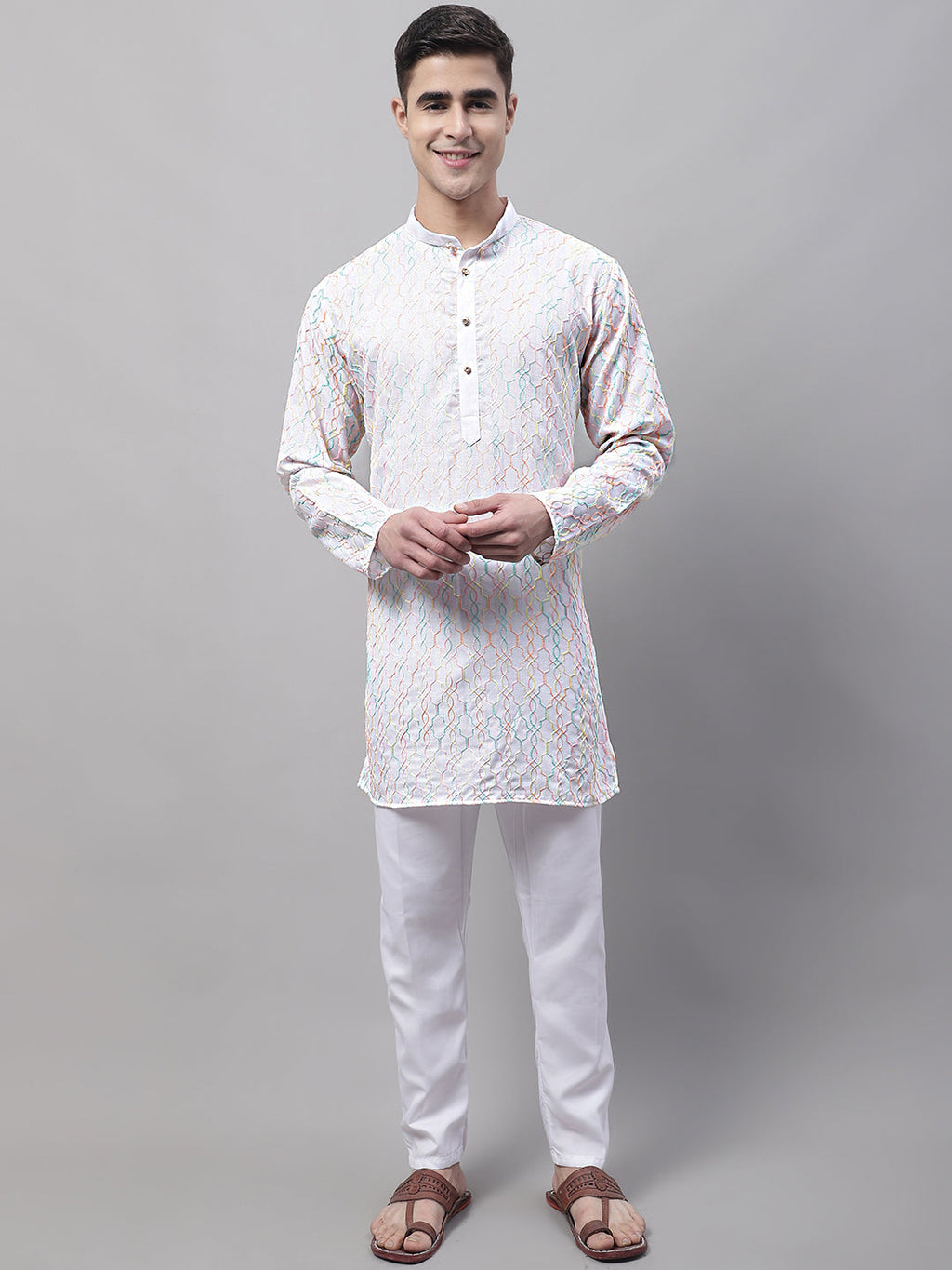 Jompers Men's White and Multi Coloured Embroidered Straight Kurta Pyjama Set