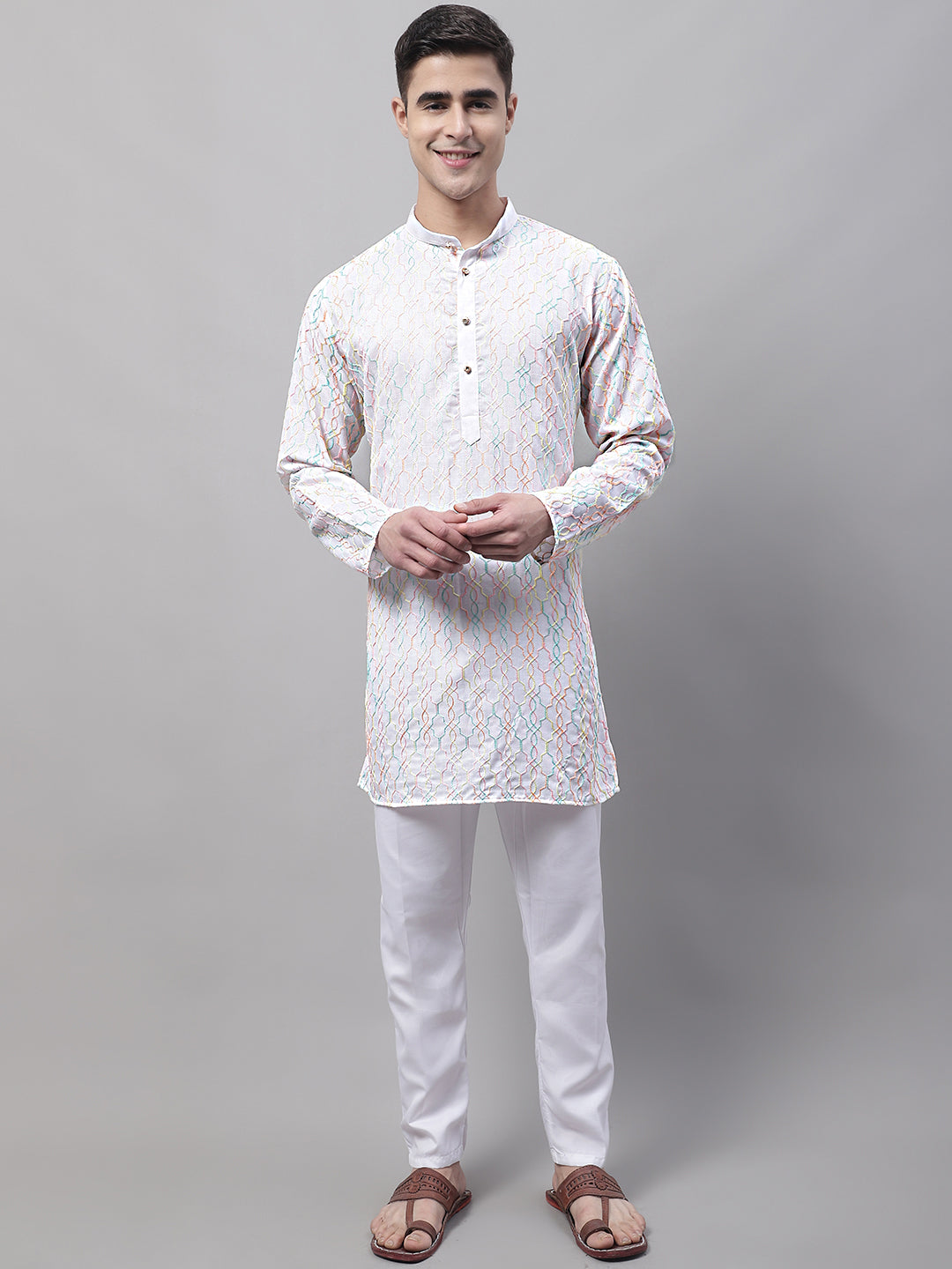Jompers Men's White and Multi Coloured Embroidered Straight Kurta Pyjama Set