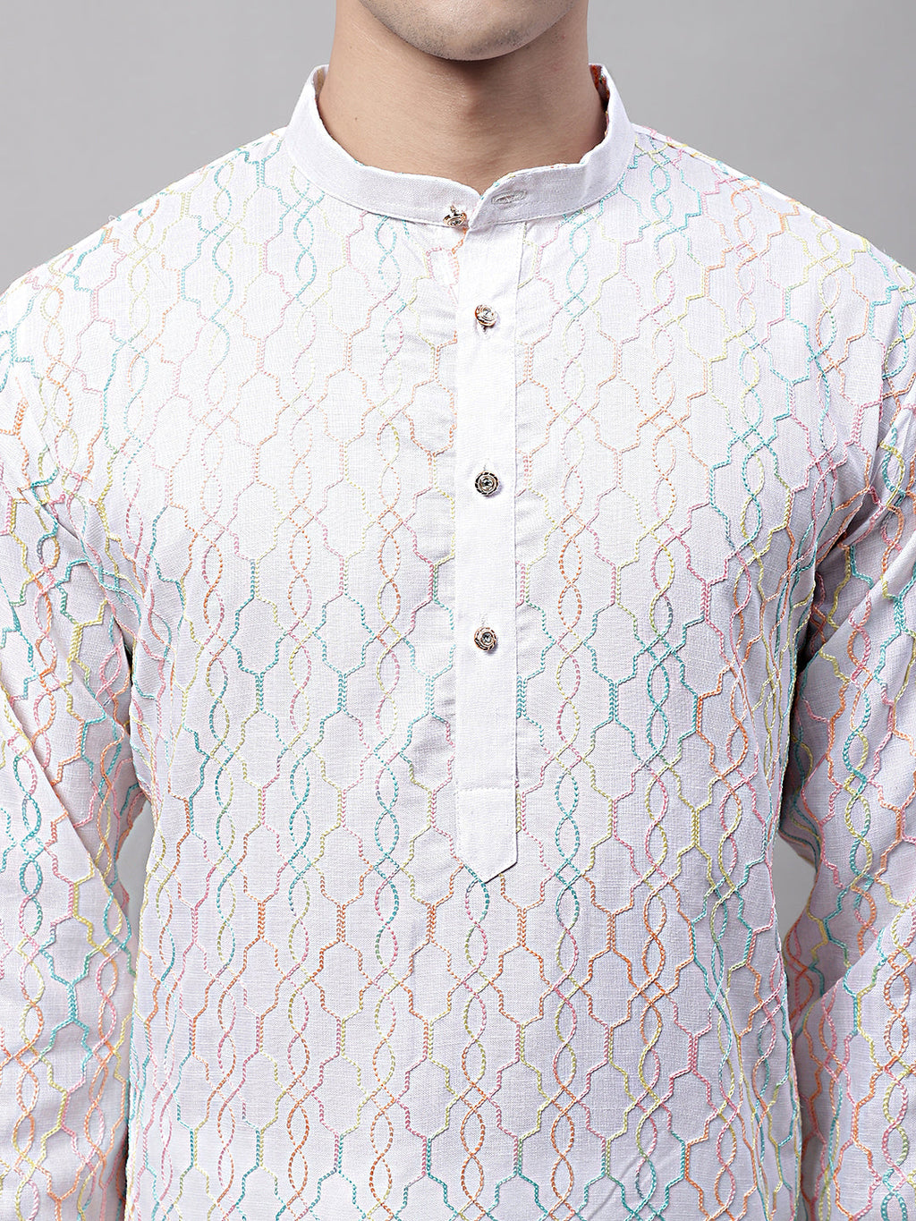 Jompers Men's White and Multi Coloured Embroidered Straight Kurta Pyjama Set