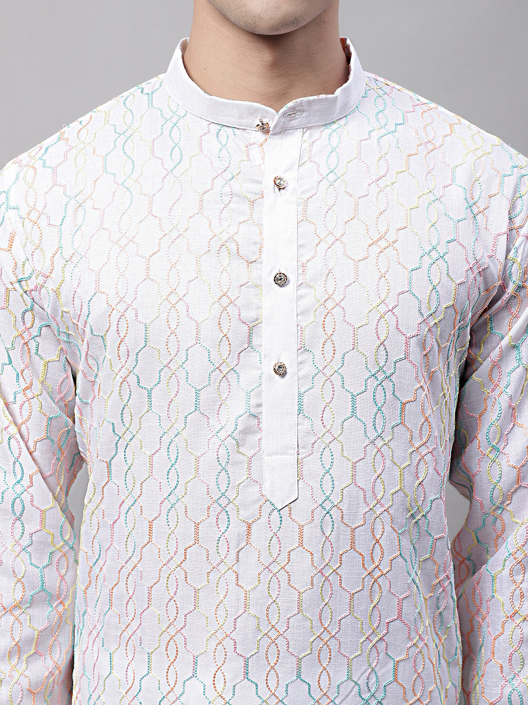 Jompers Men's White and Multi Coloured Embroidered Straight Kurta Pyjama Set