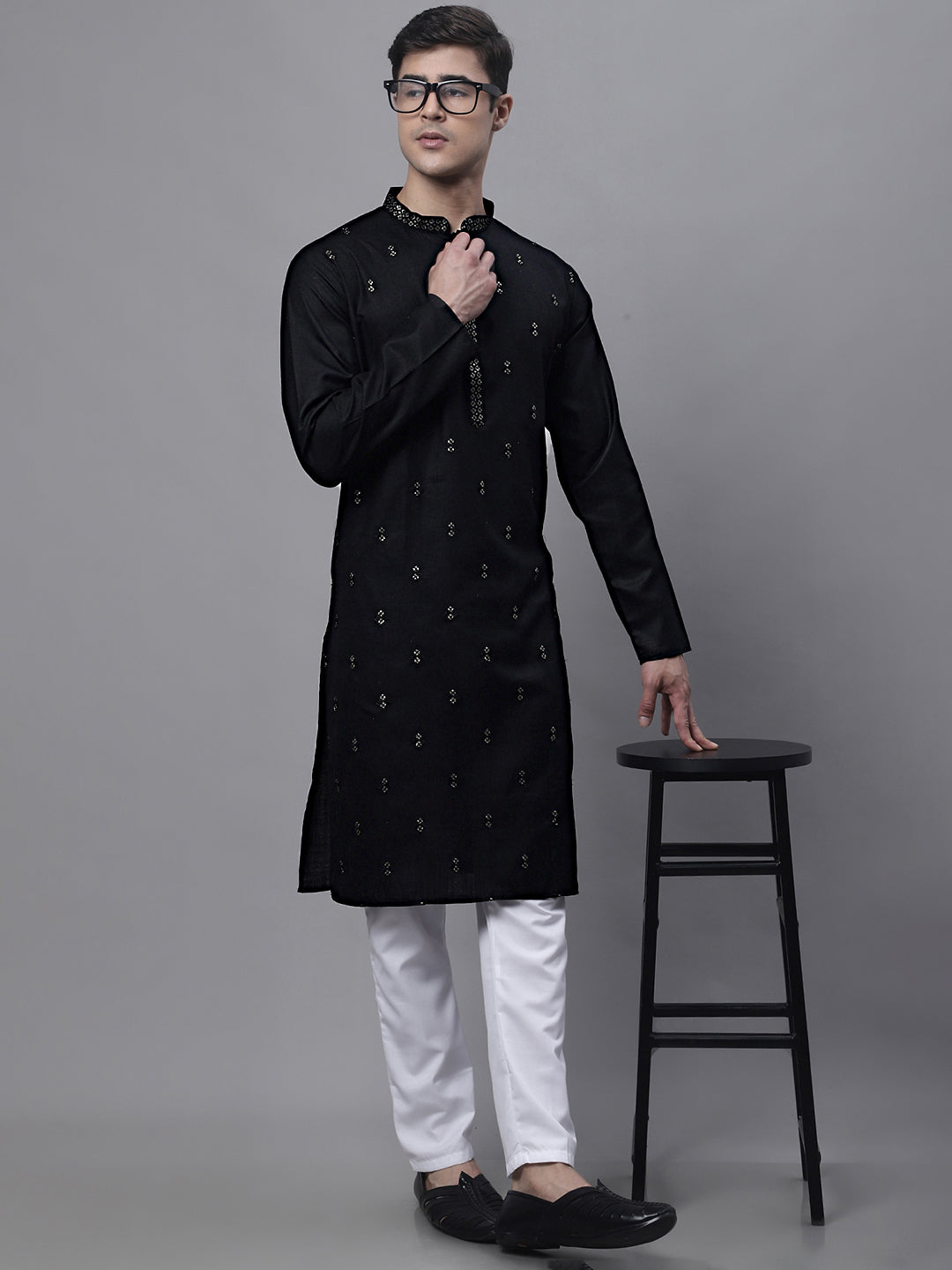 Jompers Men's Black Embroidered Straight Kurta Pyjama Set