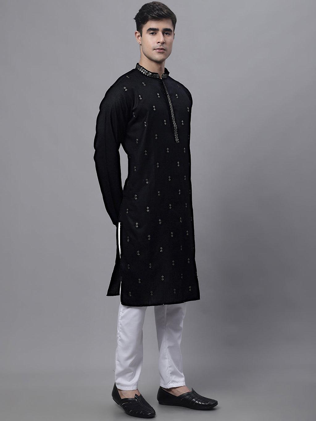 Jompers Men's Black Embroidered Straight Kurta Pyjama Set