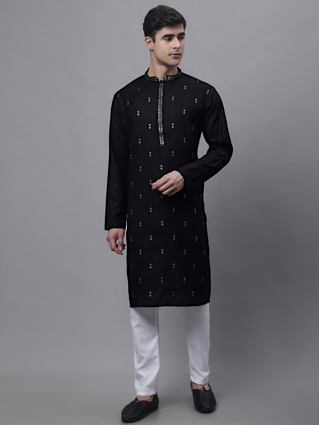 Jompers Men's Black Embroidered Straight Kurta Pyjama Set