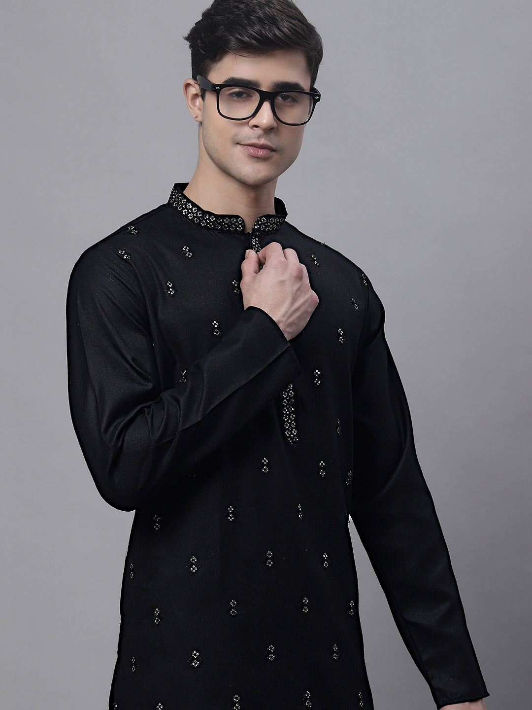 Jompers Men's Black Embroidered Straight Kurta Pyjama Set