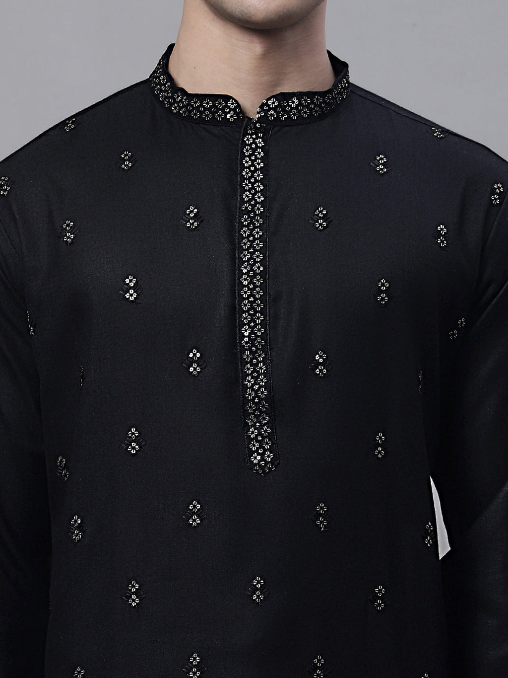 Jompers Men's Black Embroidered Straight Kurta Pyjama Set
