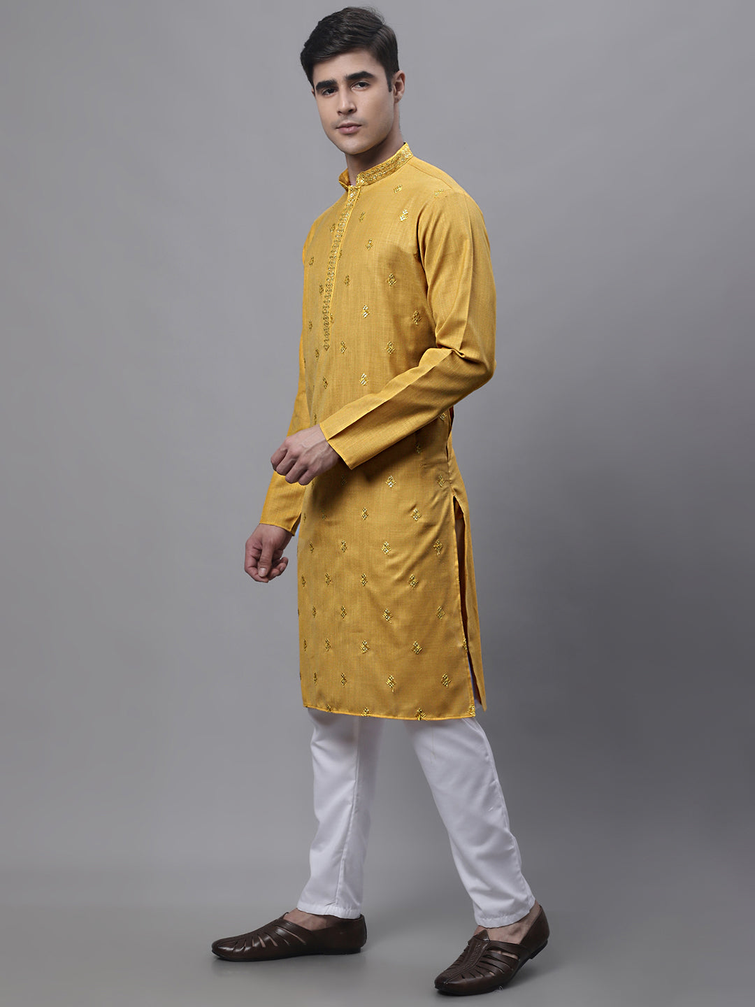 Jompers Men's Mustard Embroidered Straight Kurta Pyjama Set