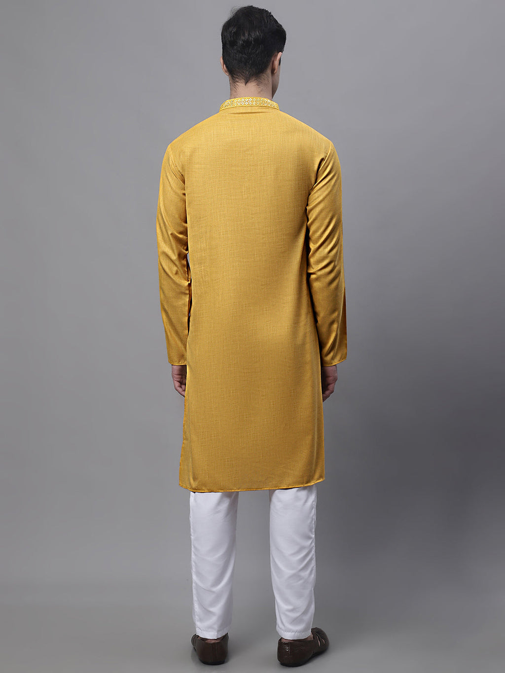 Jompers Men's Mustard Embroidered Straight Kurta Pyjama Set