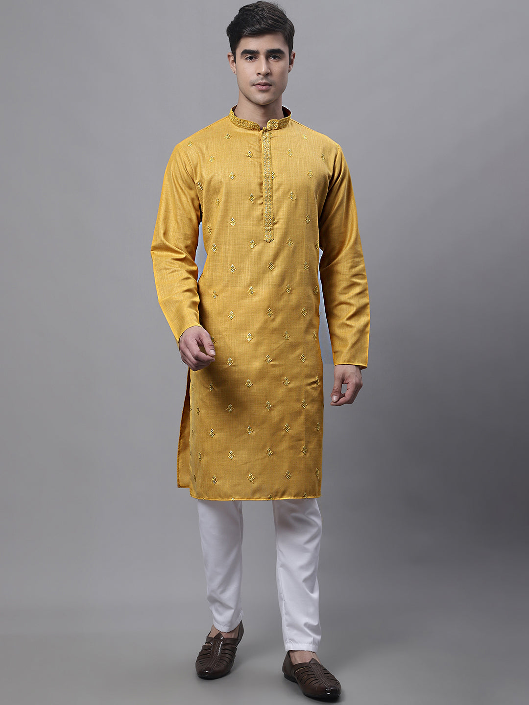 Jompers Men's Mustard Embroidered Straight Kurta Pyjama Set