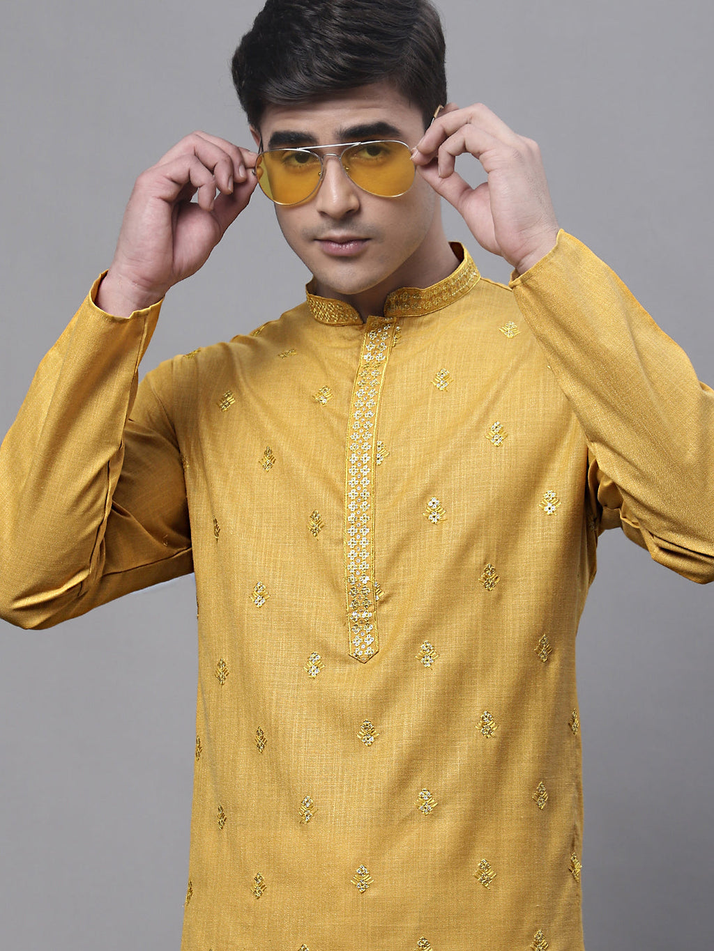 Jompers Men's Mustard Embroidered Straight Kurta Pyjama Set