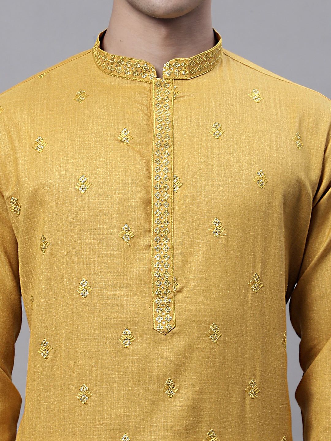 Jompers Men's Mustard Embroidered Straight Kurta Pyjama Set