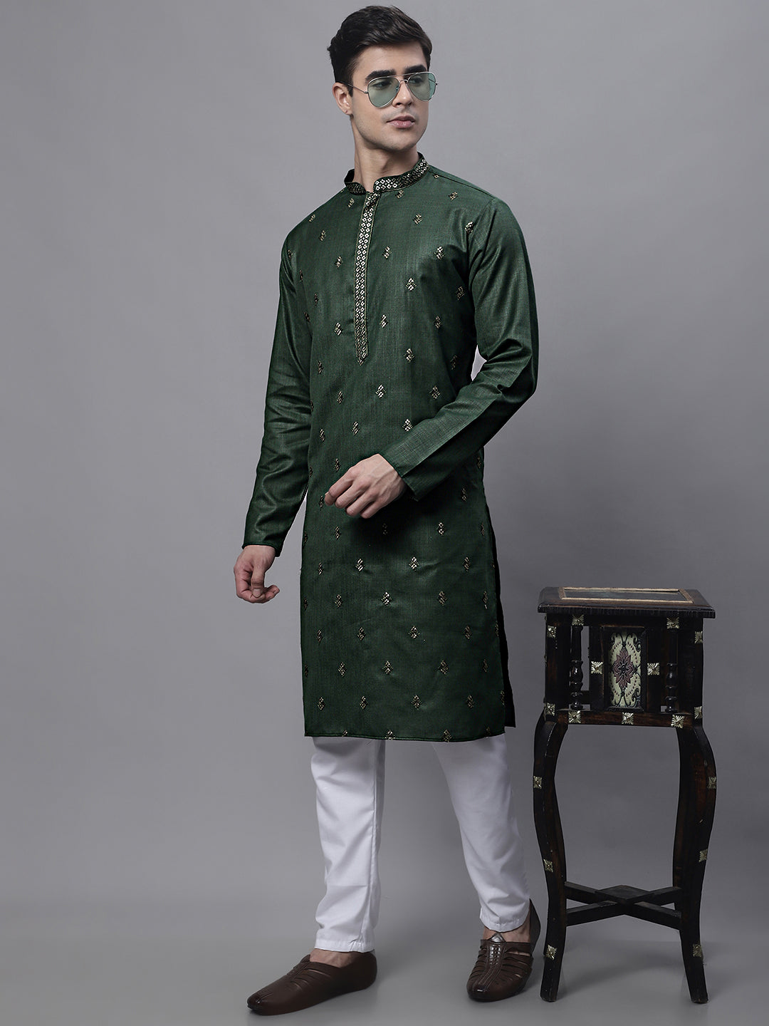 Jompers Men's Olive Green Embroidered Straight Kurta Pyjama Set