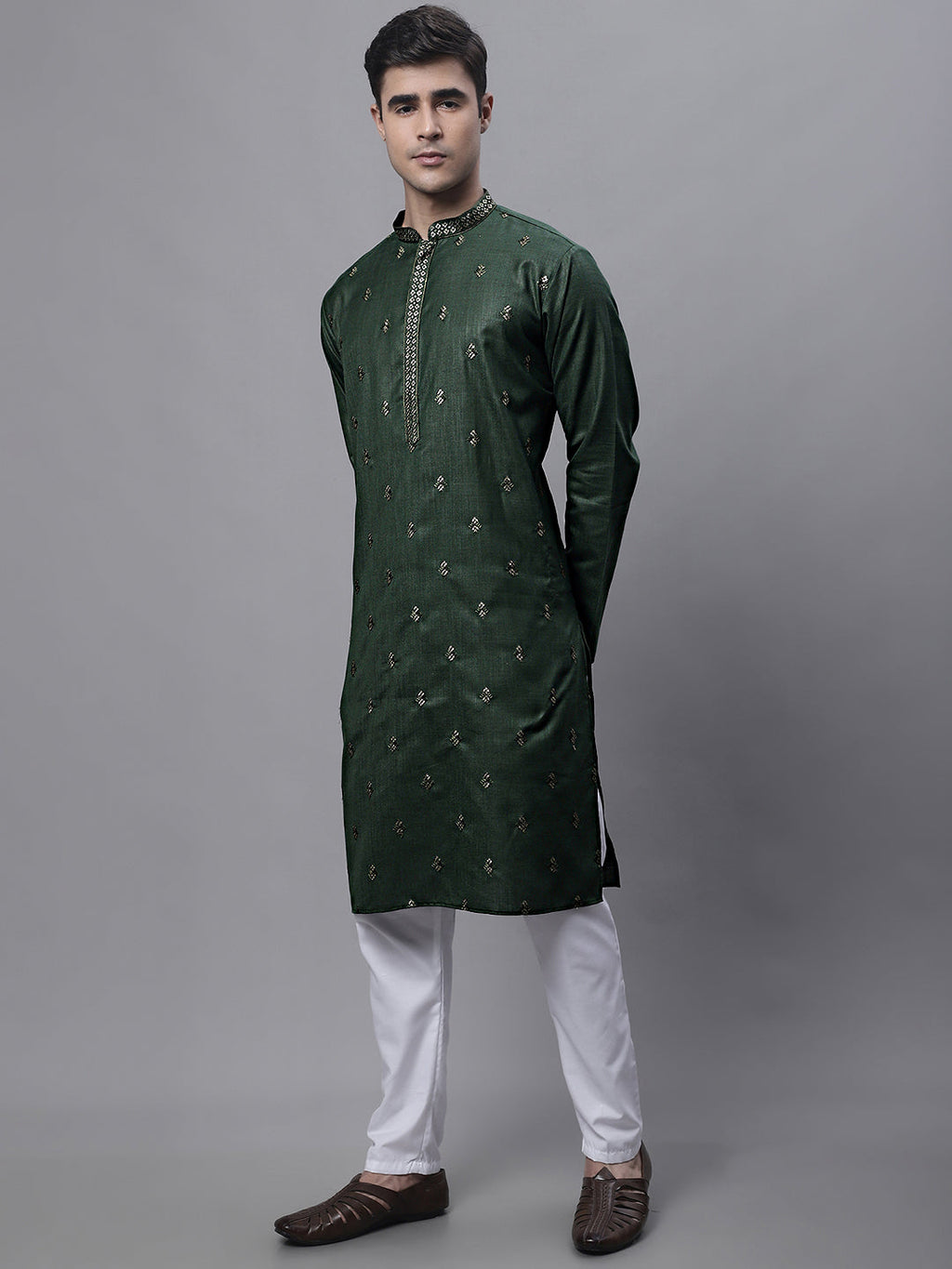 Jompers Men's Olive Green Embroidered Straight Kurta Pyjama Set