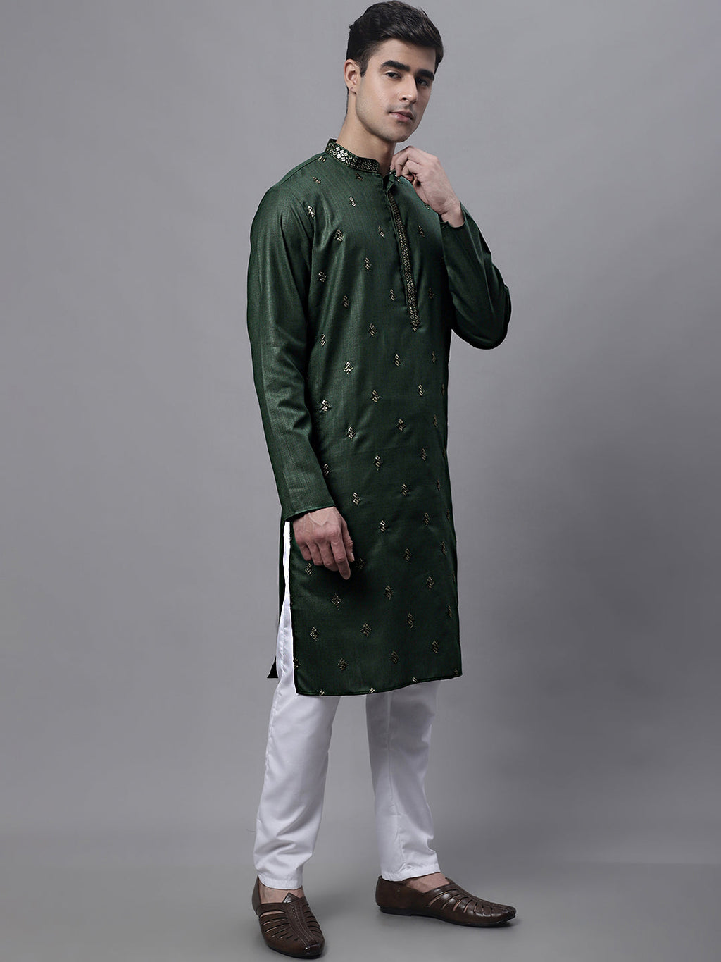 Jompers Men's Olive Green Embroidered Straight Kurta Pyjama Set