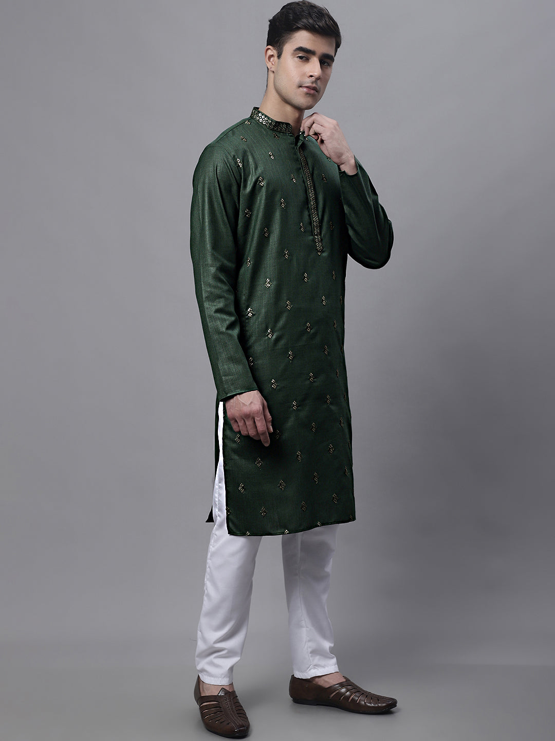 Jompers Men's Olive Green Embroidered Straight Kurta Pyjama Set
