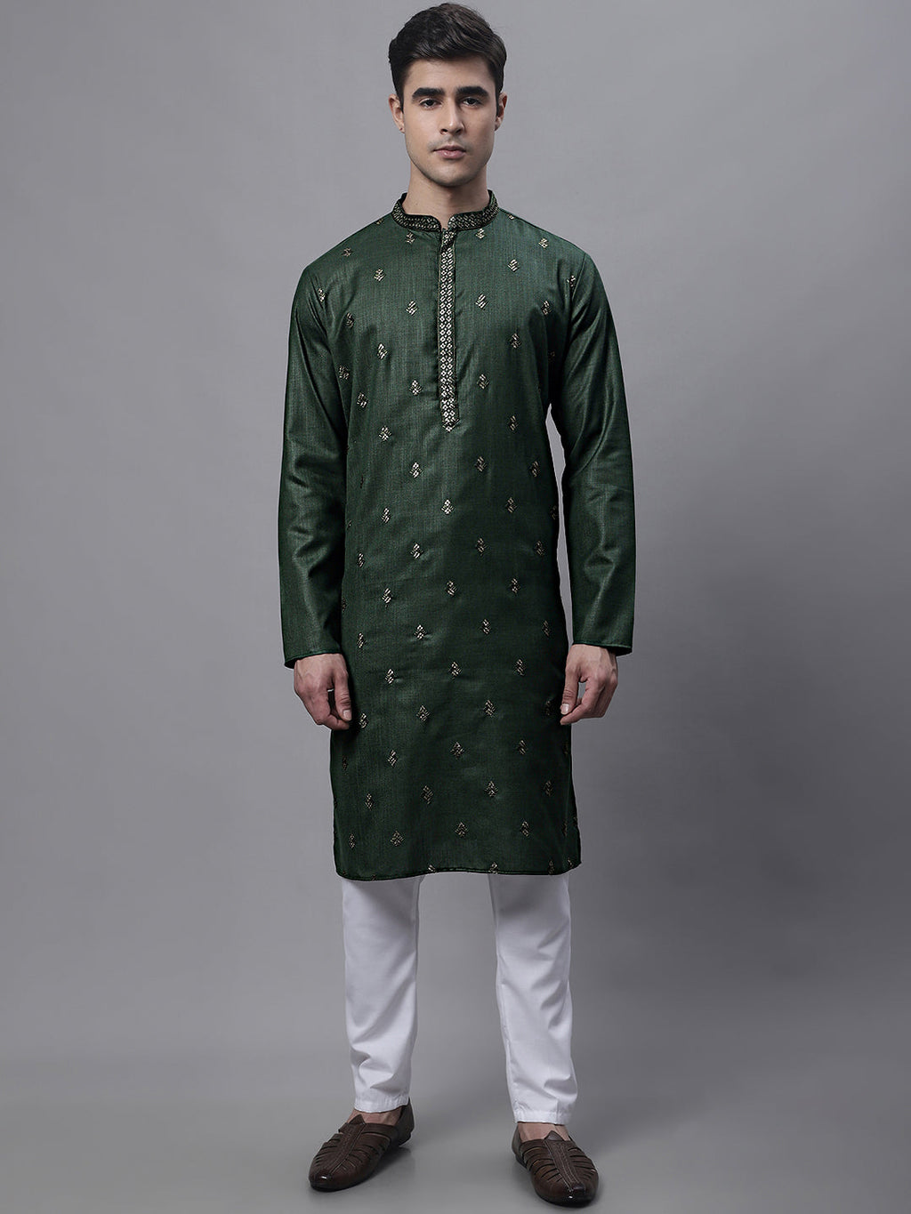 Jompers Men's Olive Green Embroidered Straight Kurta Pyjama Set