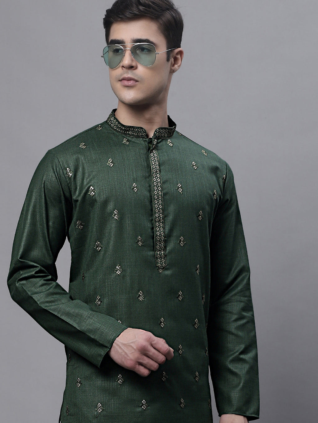 Jompers Men's Olive Green Embroidered Straight Kurta Pyjama Set