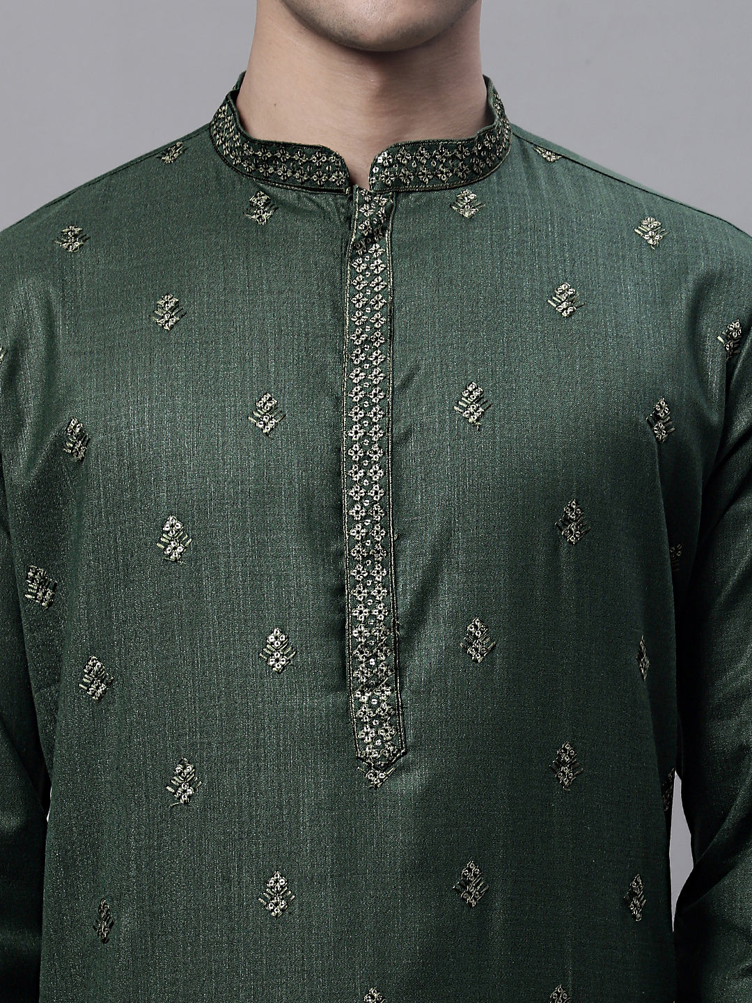 Jompers Men's Olive Green Embroidered Straight Kurta Pyjama Set