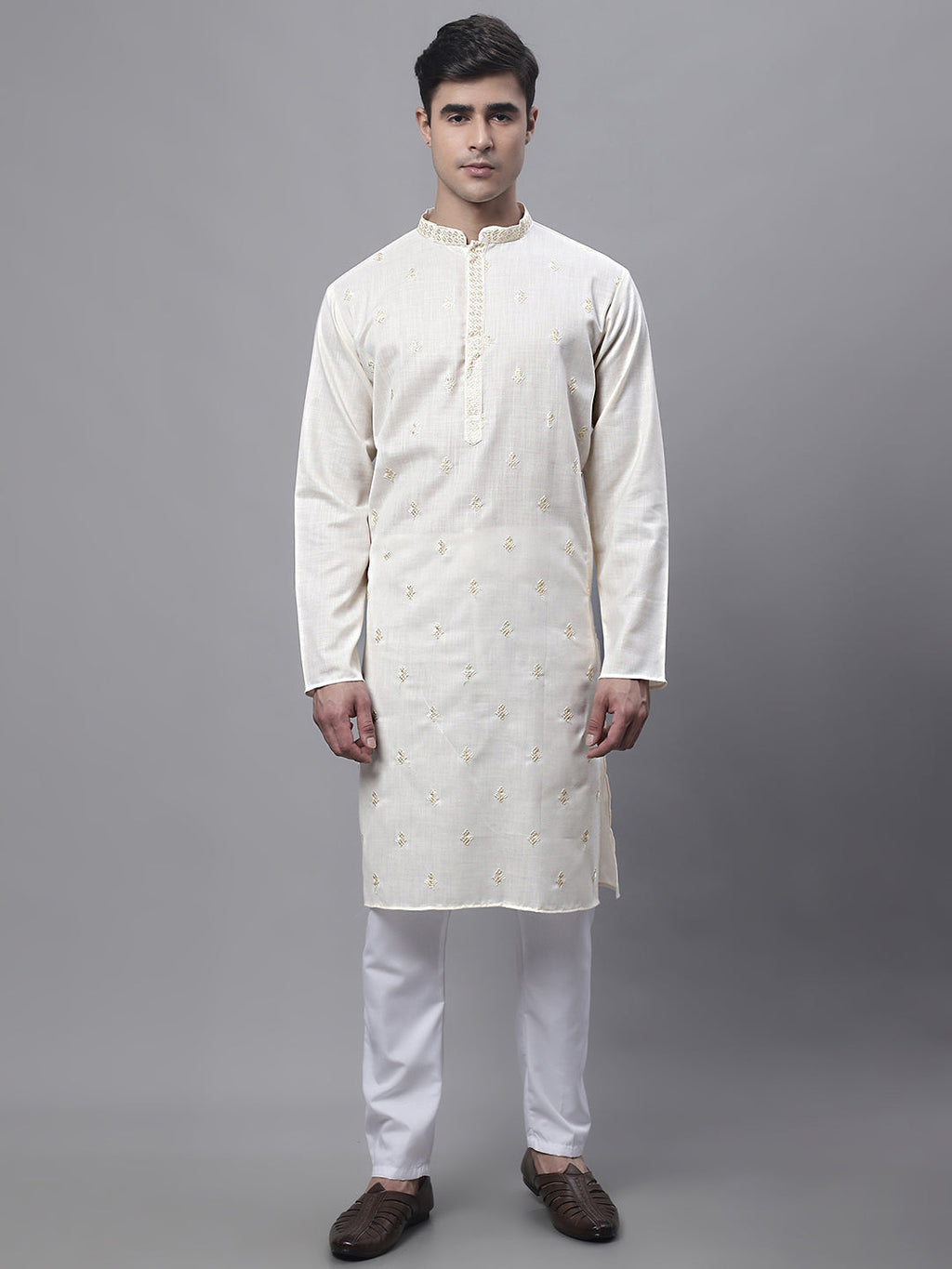 Jompers Men's White Embroidered Straight Kurta Pyjama Set