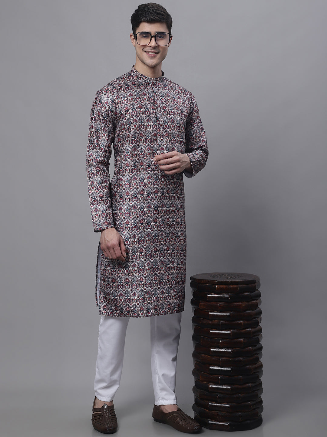 Jompers Men's Maroon Digital Printed Kurta Pyjama Set