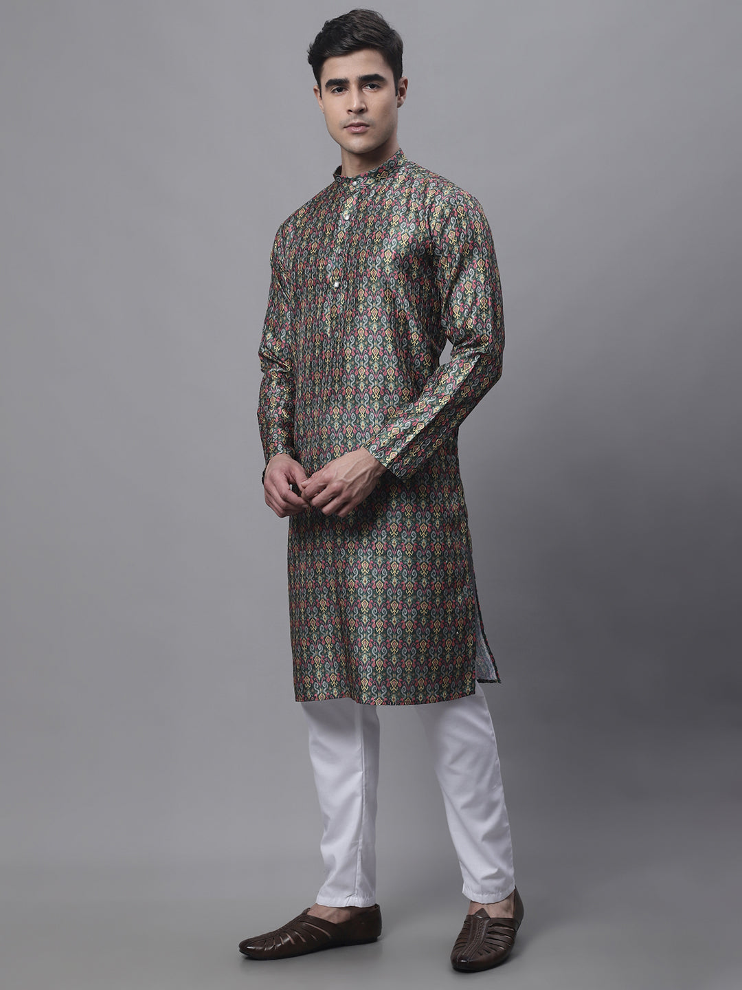 Jompers Men's Olive Green Digital Printed Kurta Pyjama Set