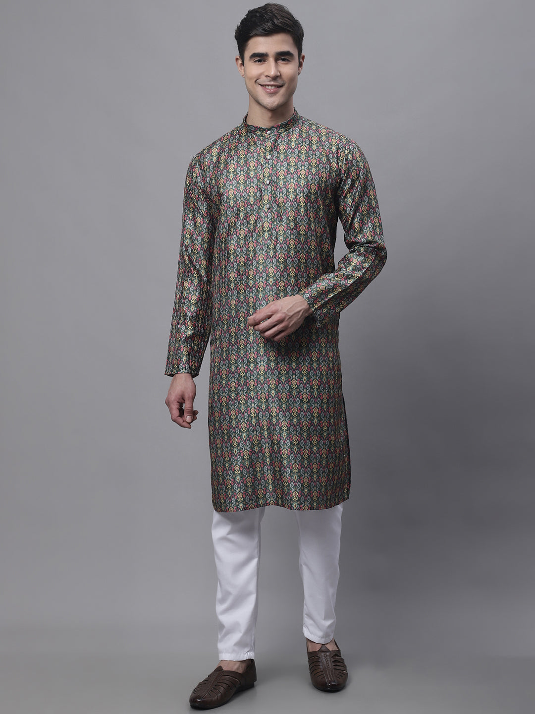 Jompers Men's Olive Green Digital Printed Kurta Pyjama Set
