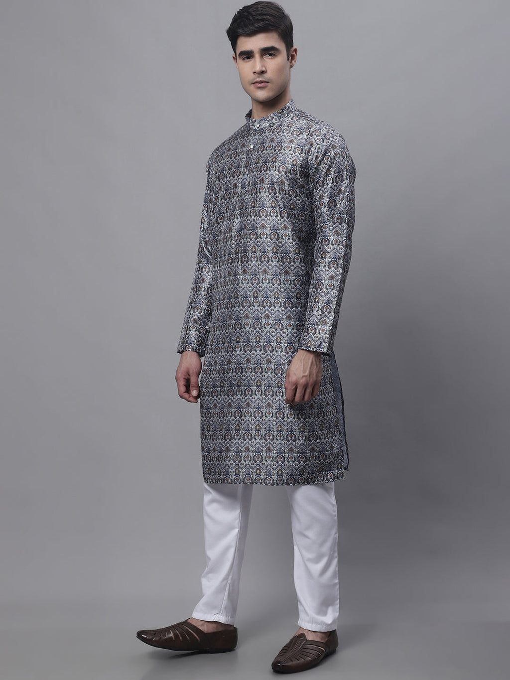 Jompers Men's Silver Digital Printed Kurta Pyjama Set