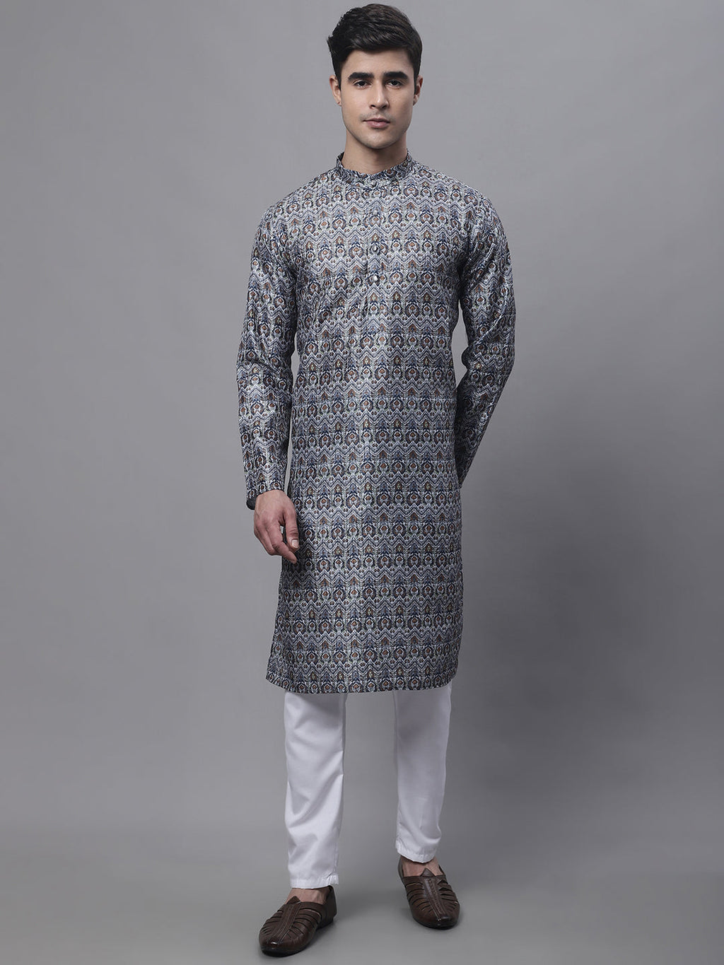 Jompers Men's Silver Digital Printed Kurta Pyjama Set