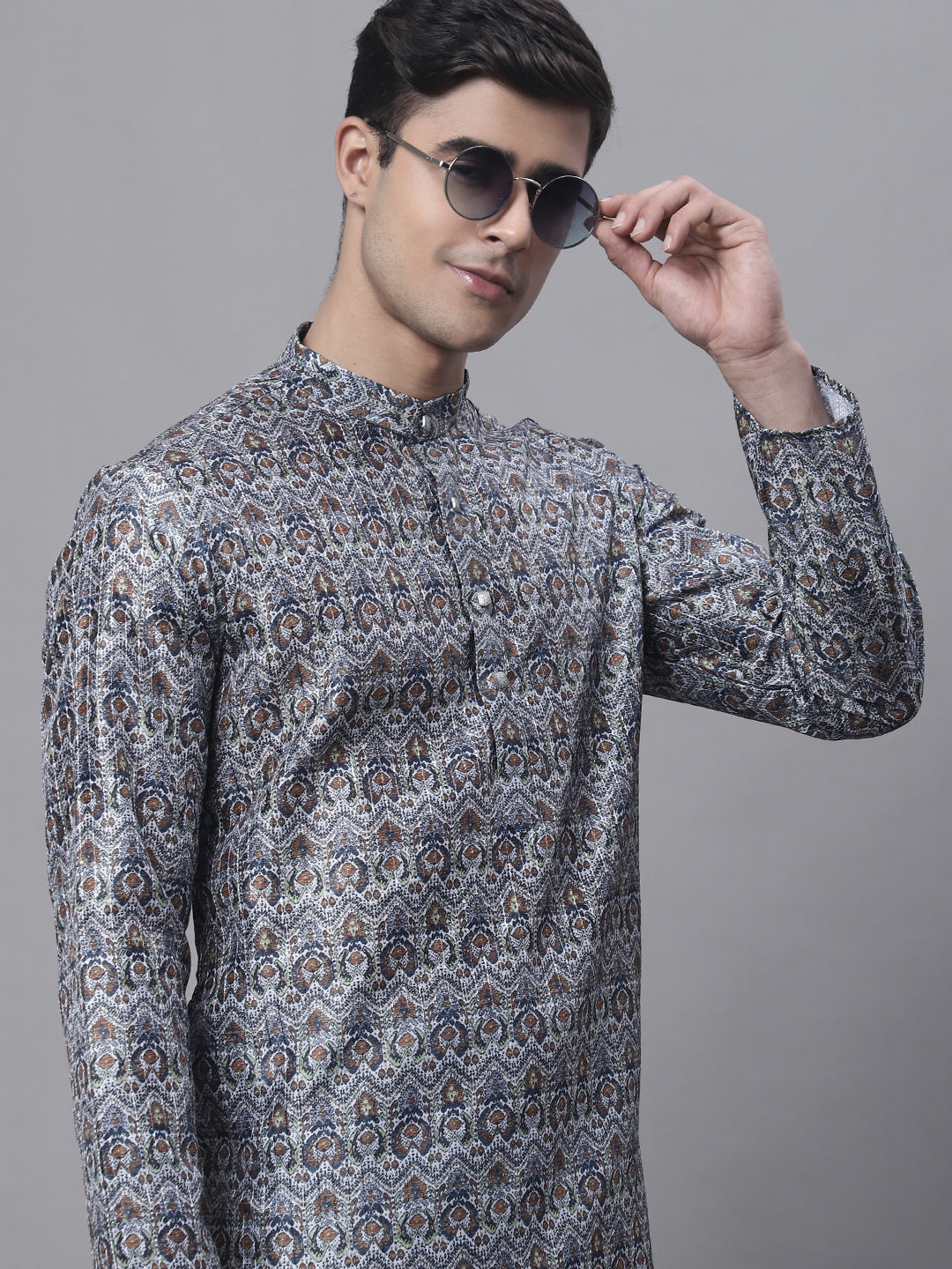 Jompers Men's Silver Digital Printed Kurta Pyjama Set