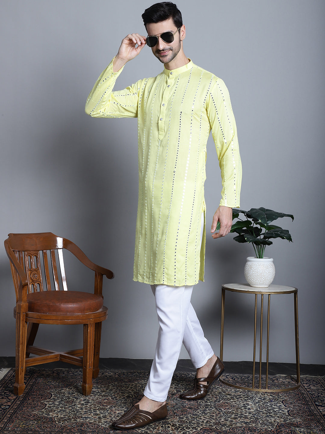 Jompers Men's Embroidered Mirror Work Kurta Payjama Sets - Lemon