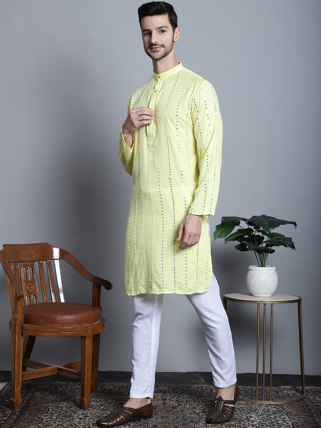 Jompers Men's Embroidered Mirror Work Kurta Payjama Sets - Lemon