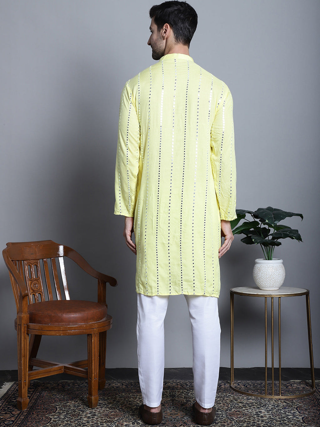 Jompers Men's Embroidered Mirror Work Kurta Payjama Sets - Lemon