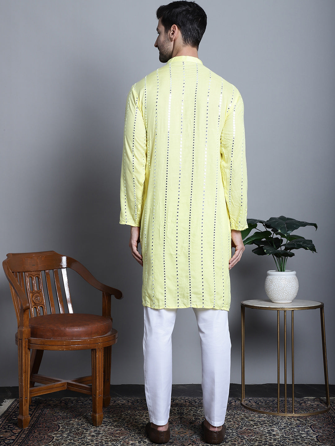 Jompers Men's Embroidered Mirror Work Kurta Payjama Sets - Lemon
