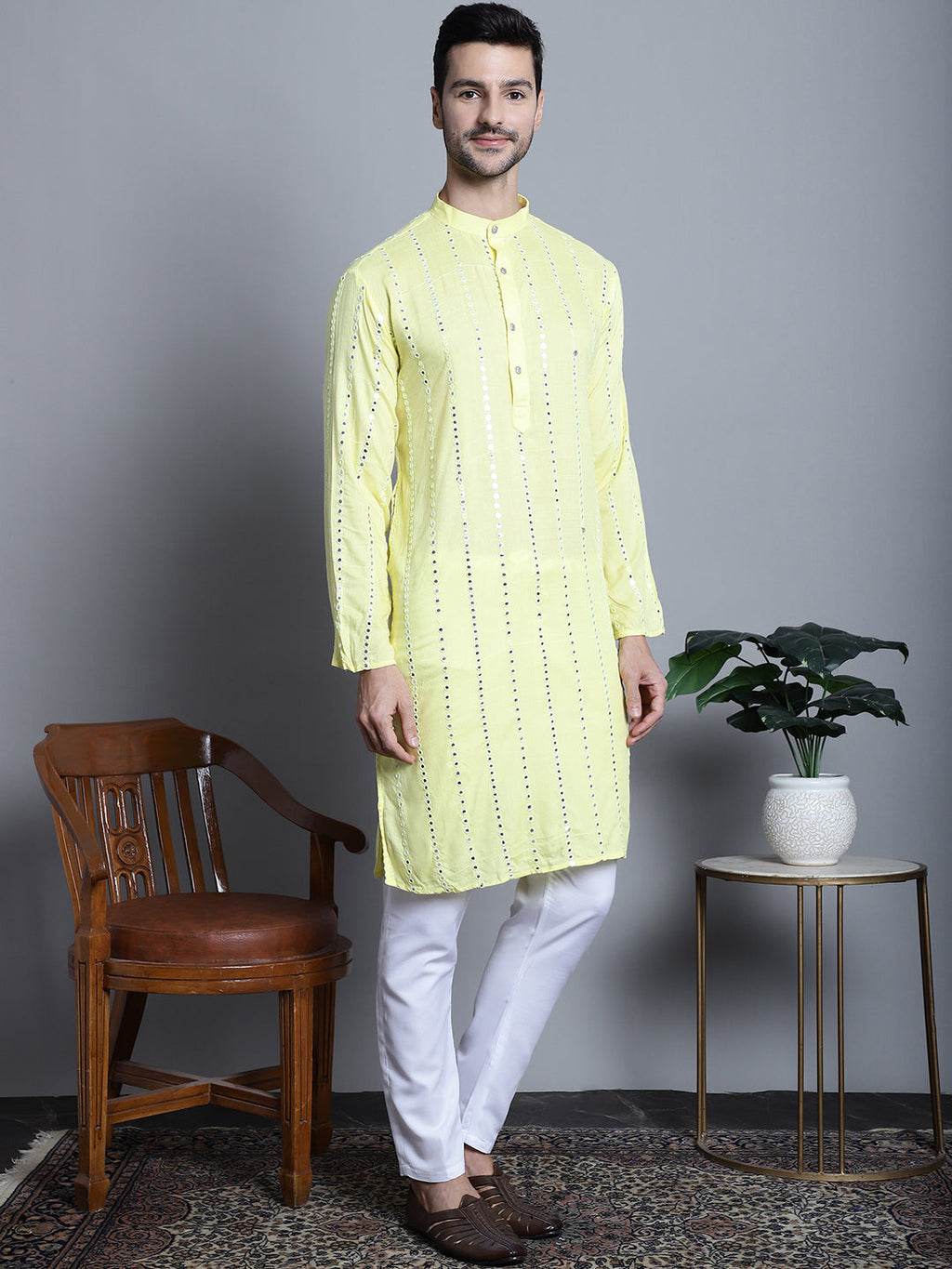 Jompers Men's Embroidered Mirror Work Kurta Payjama Sets - Lemon