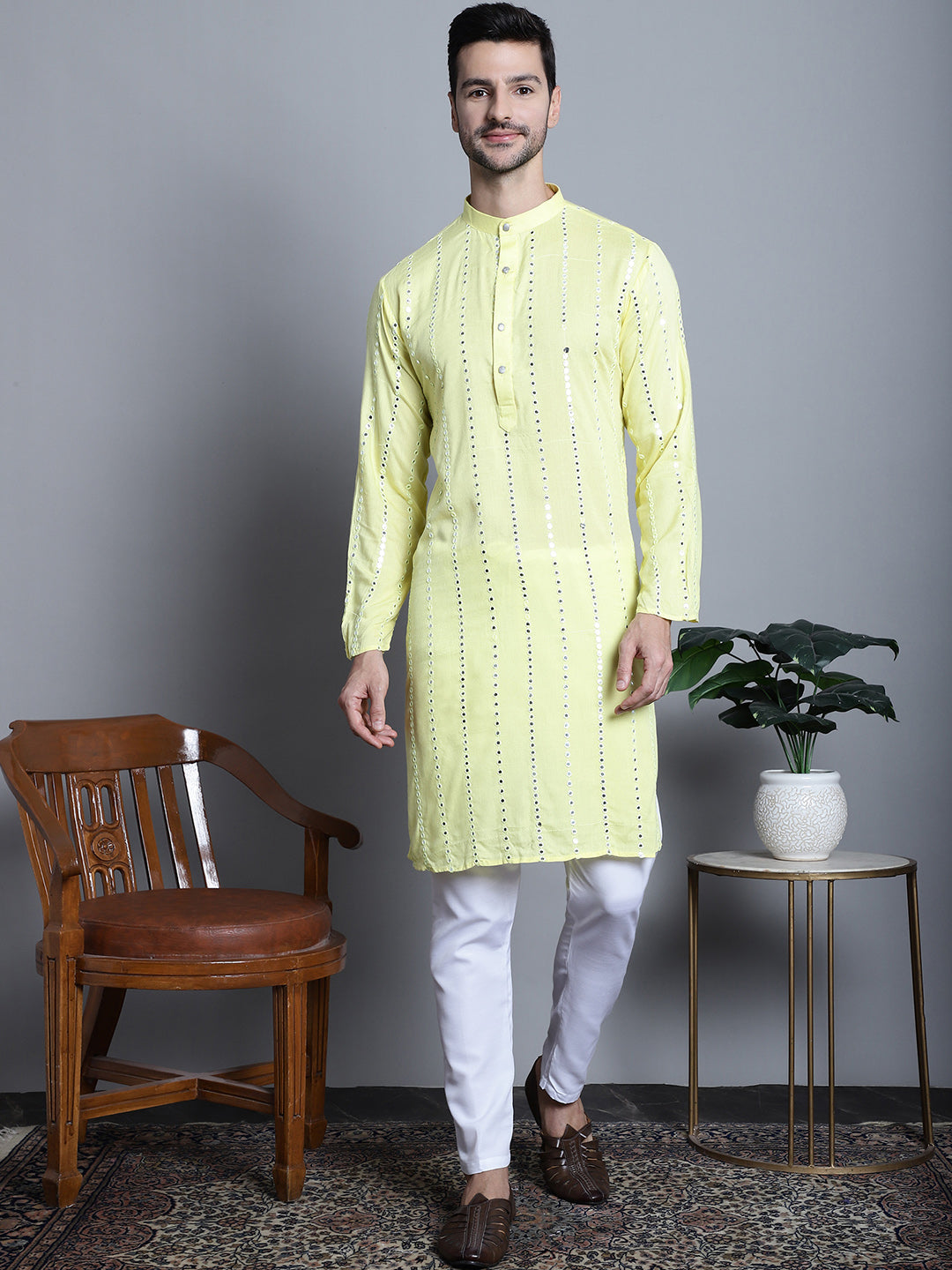 Jompers Men's Embroidered Mirror Work Kurta Payjama Sets - Lemon