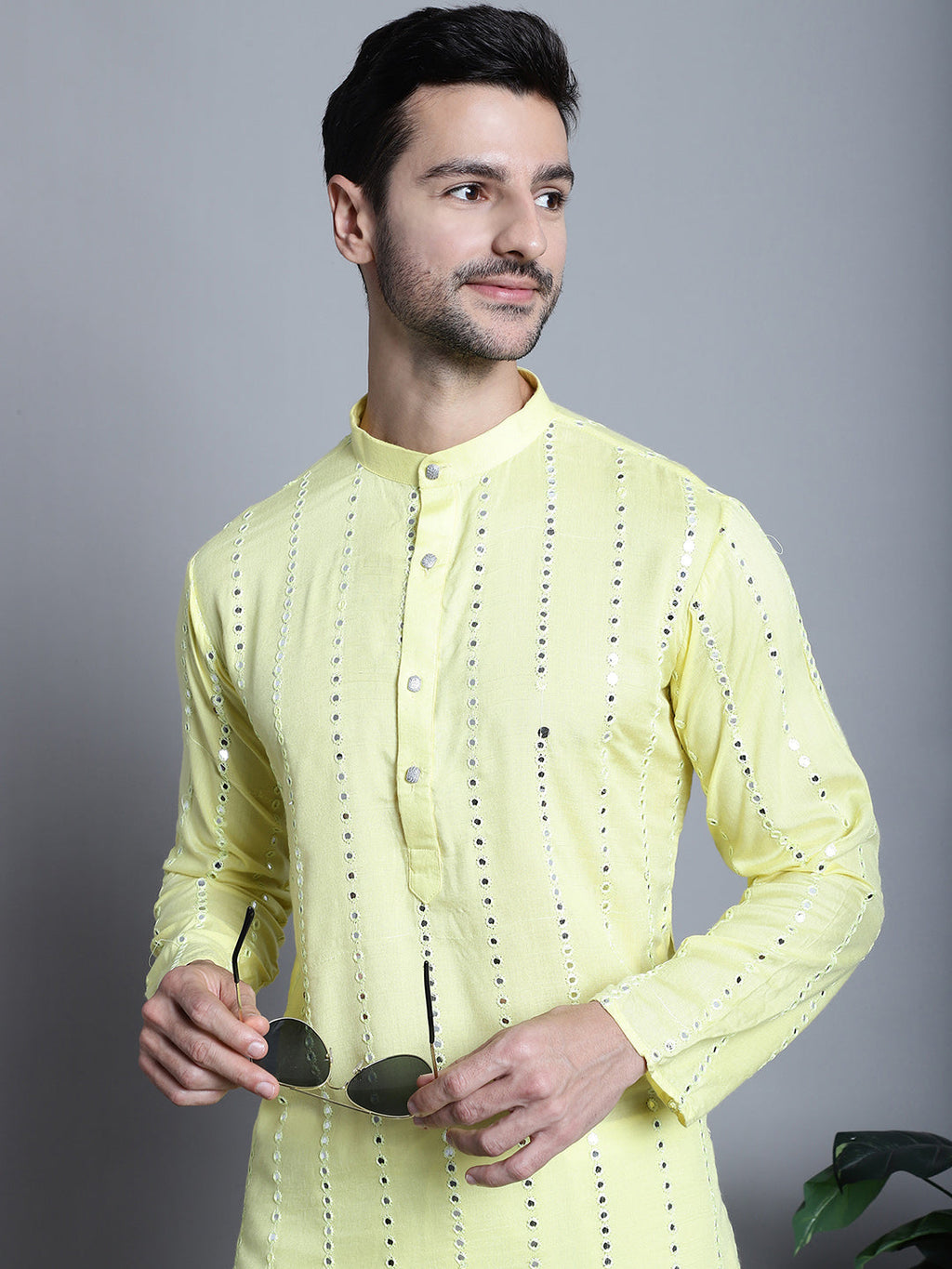 Jompers Men's Embroidered Mirror Work Kurta Payjama Sets - Lemon
