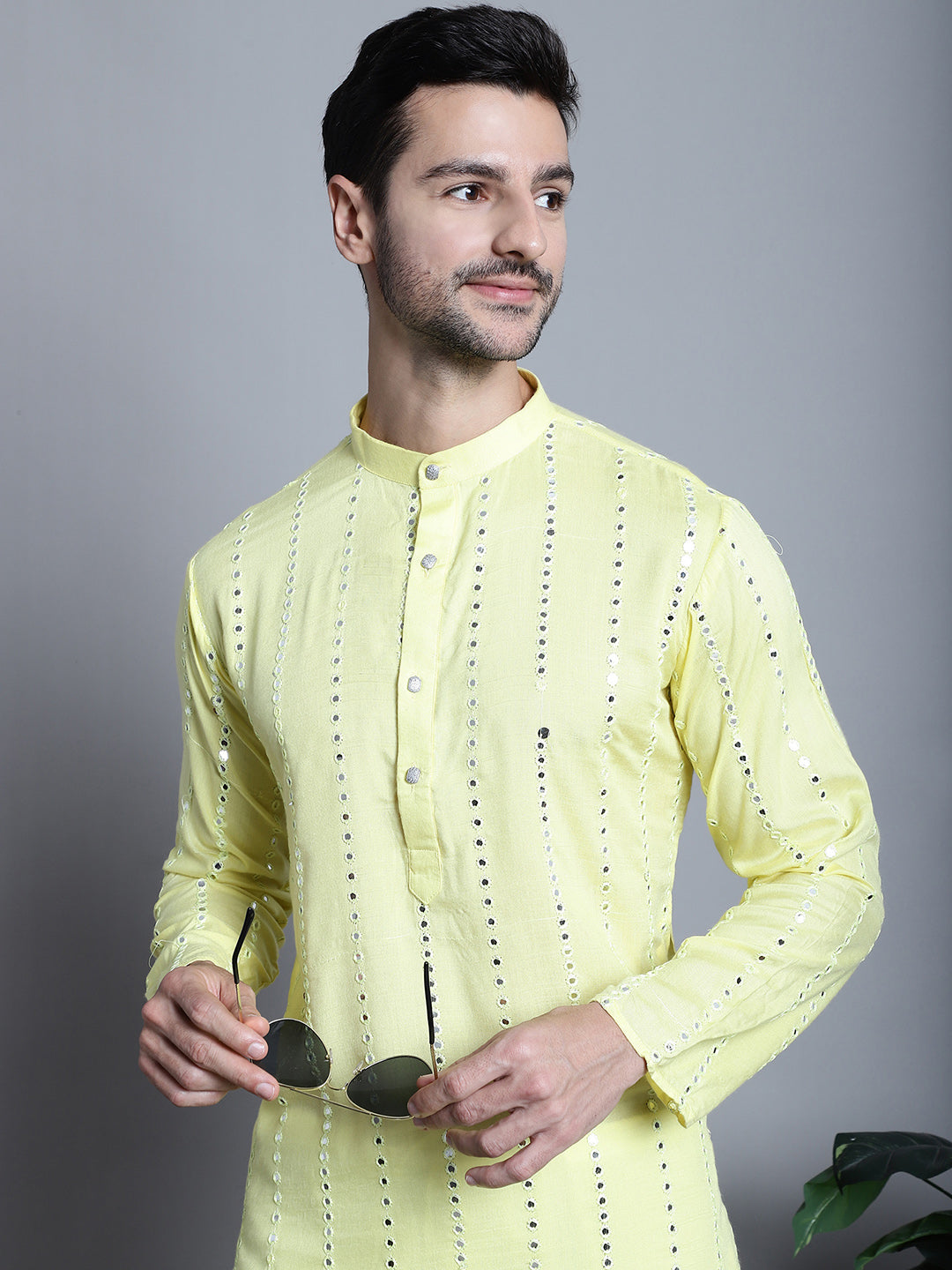 Jompers Men's Embroidered Mirror Work Kurta Payjama Sets - Lemon