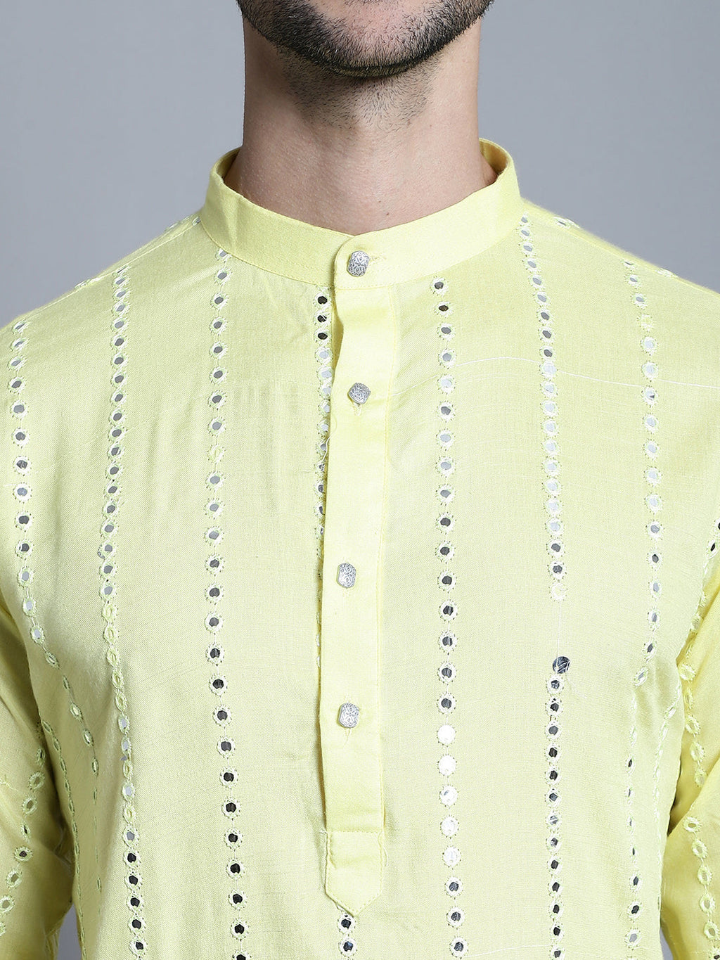 Jompers Men's Embroidered Mirror Work Kurta Payjama Sets - Lemon