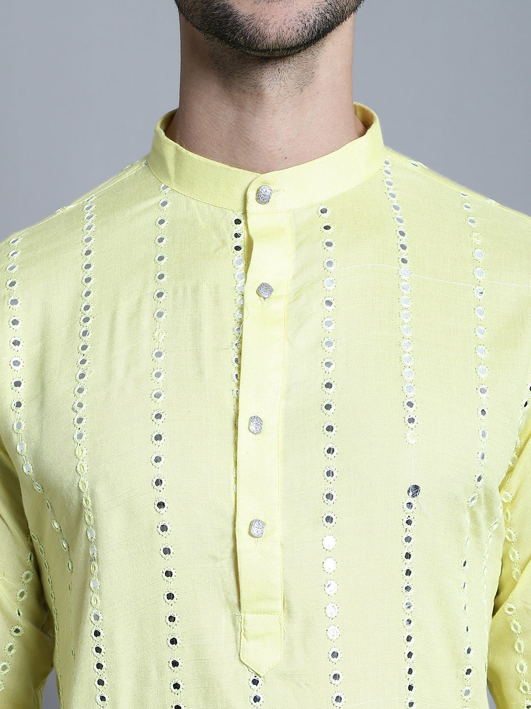 Jompers Men's Embroidered Mirror Work Kurta Payjama Sets - Lemon