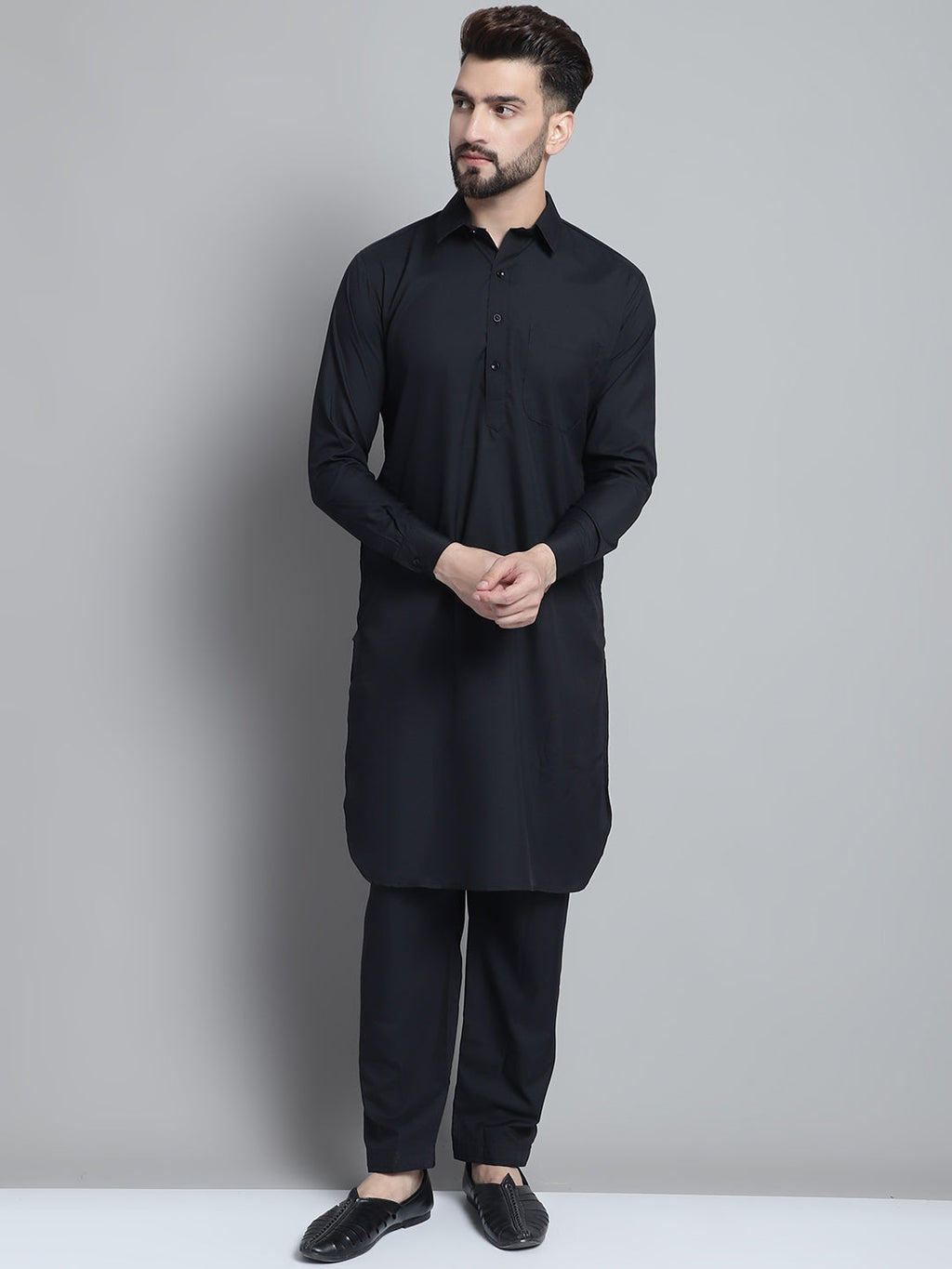 Jompers Men's Black Cotton Solid Pathani Kurta with Salwar
