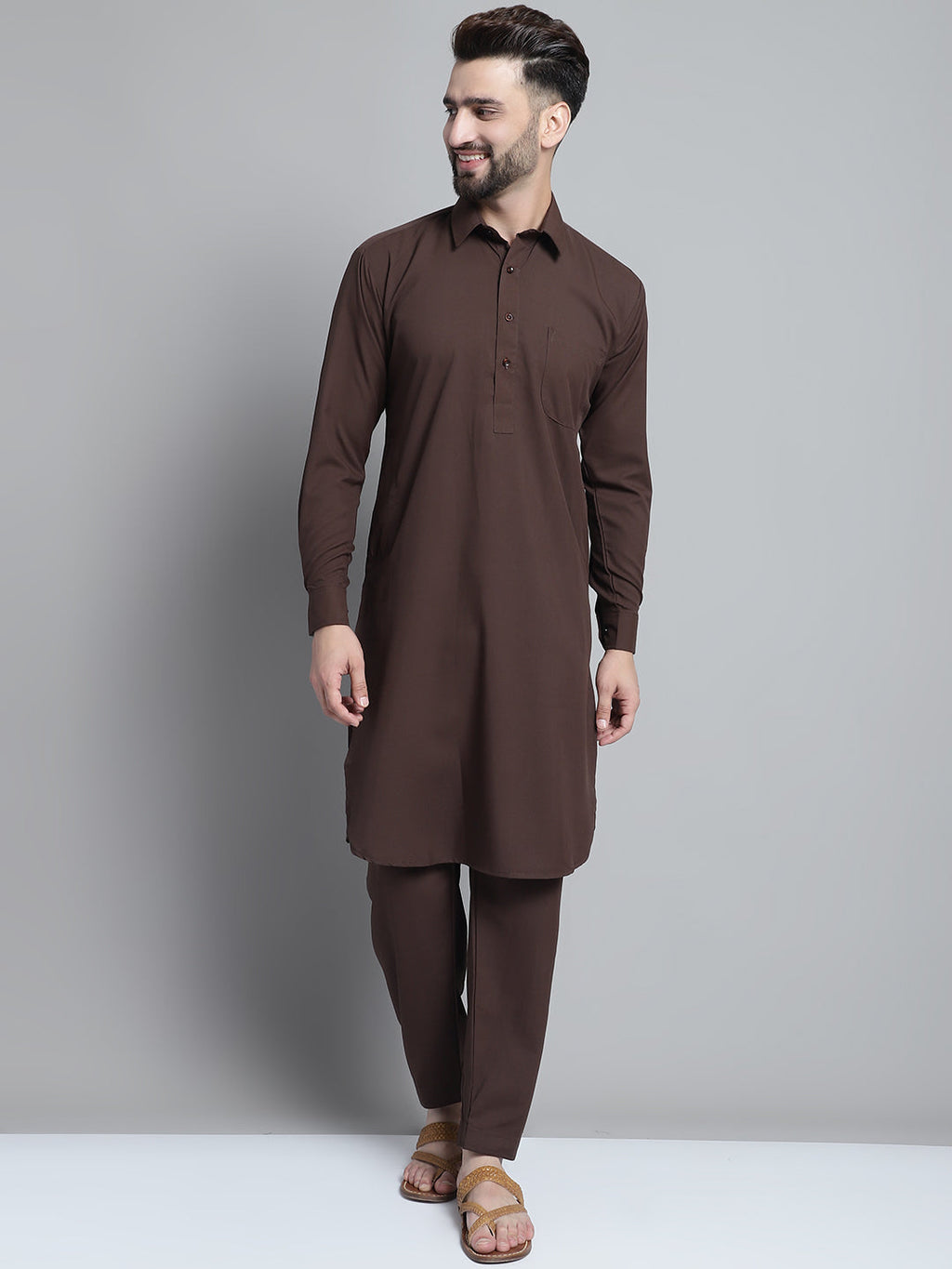 Jompers Men's Coffee Brown Cotton Solid Pathani Kurta with Salwar