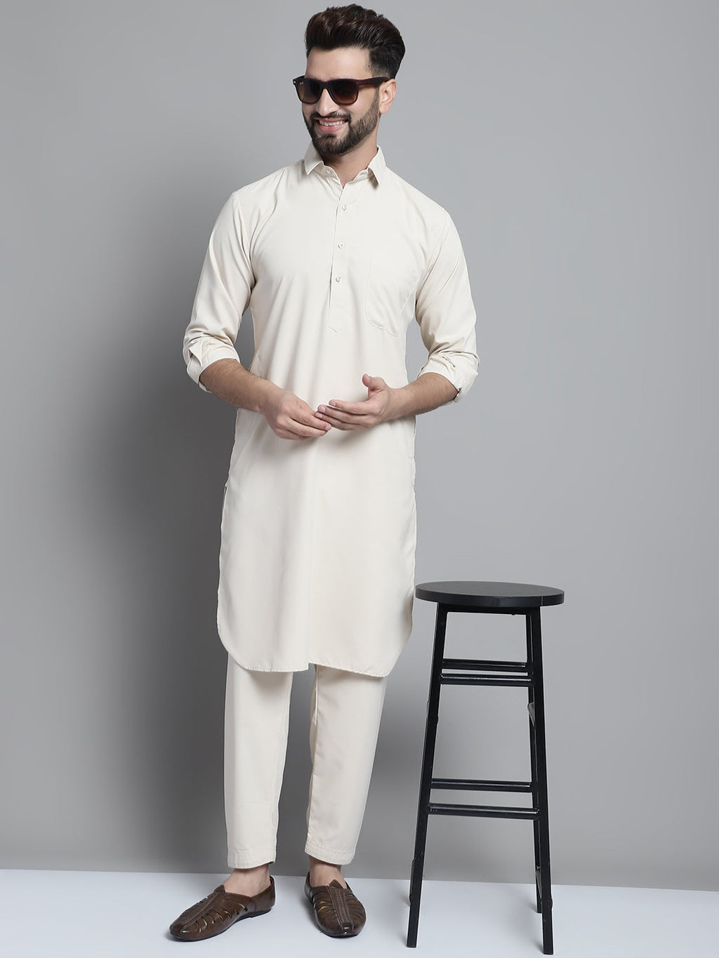 Jompers Men's Cream Cotton Solid Pathani Kurta with Salwar