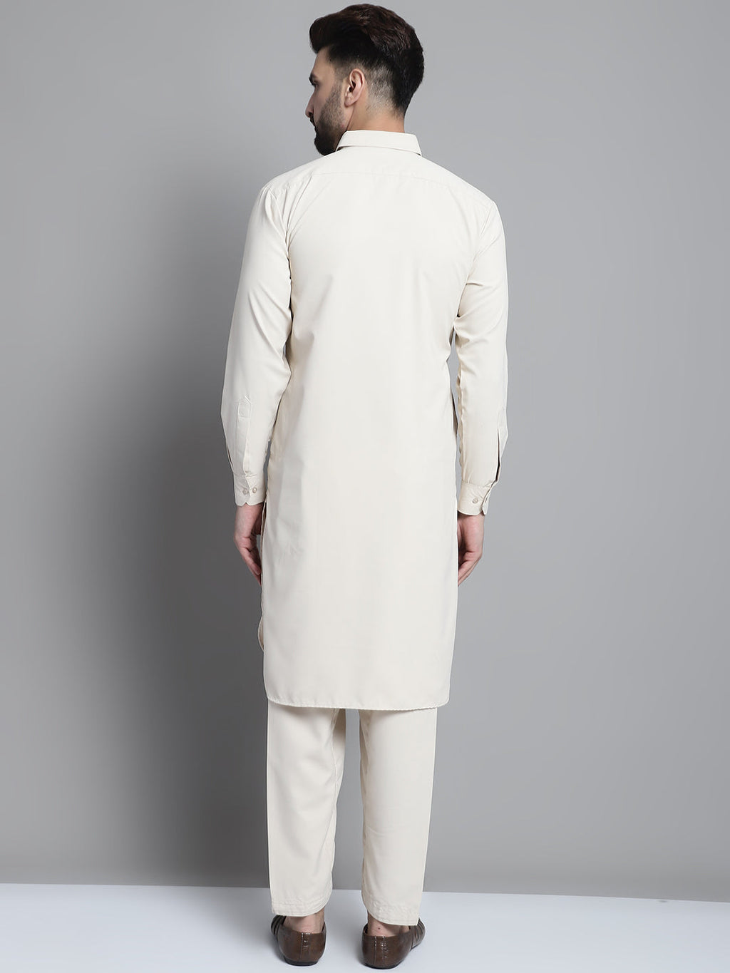 Jompers Men's Cream Cotton Solid Pathani Kurta with Salwar
