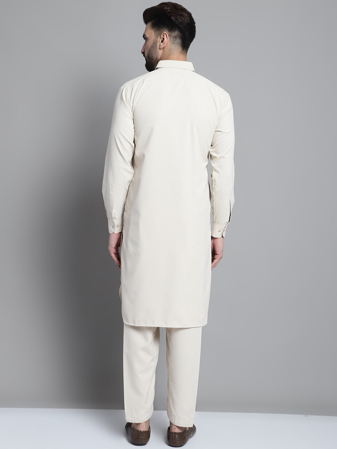 Jompers Men's Cream Cotton Solid Pathani Kurta with Salwar
