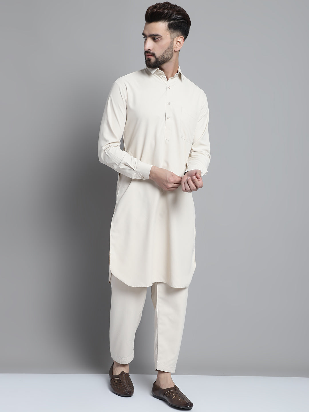 Jompers Men's Cream Cotton Solid Pathani Kurta with Salwar