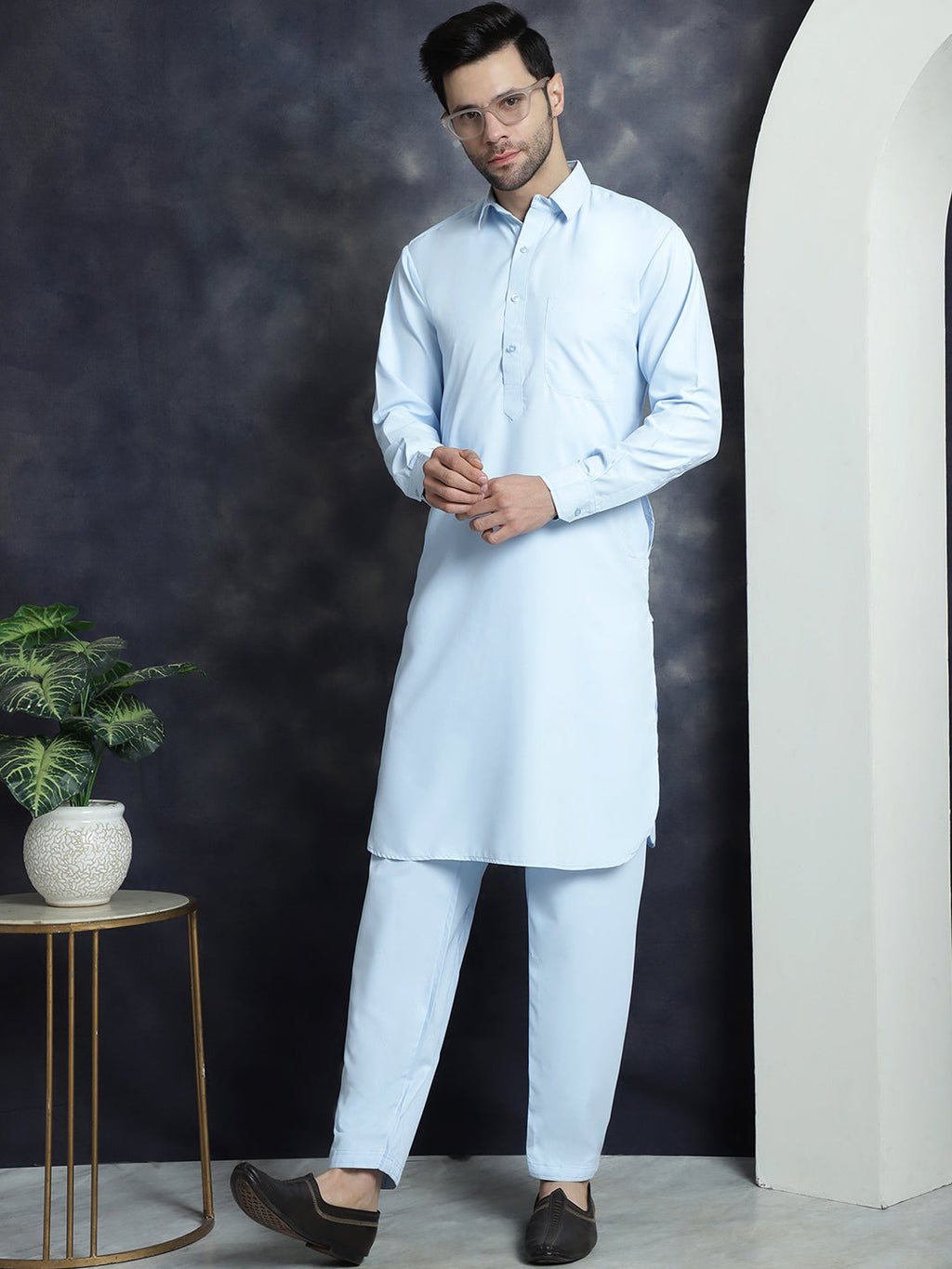 Jompers Men's Solid Pathani Kurta with Salwar - Sky Blue