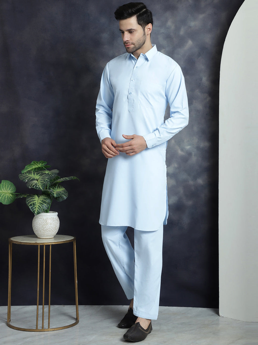Jompers Men's Solid Pathani Kurta with Salwar - Sky Blue